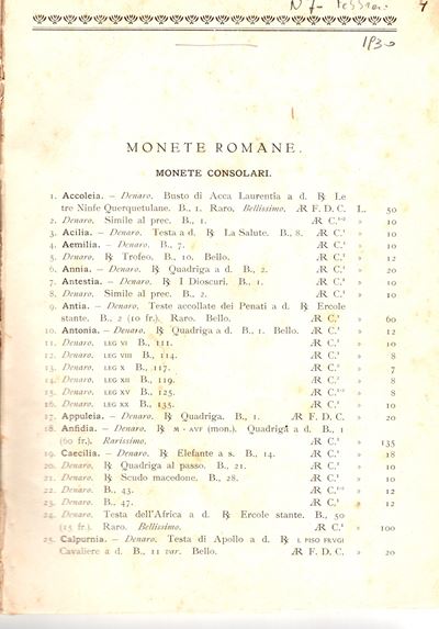 Santamaria P & P. Listino a Prezzi Fissi N. 7 - Febbraio, 1930. Monete Romane e Zecche Italiane. ...