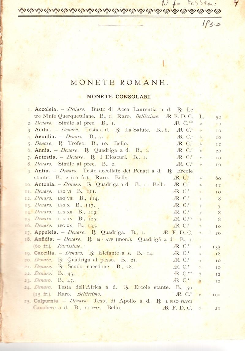 Santamaria P & P. Listino a Prezzi Fissi N. 7 - Febbraio, 1930. Monete Romane e Zecche Italiane. ...