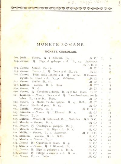 Santamaria P & P. Listino a Prezzi Fissi N. 8 - Maggio, 1930. Monete Romane e Zecche Italiane. Pp...