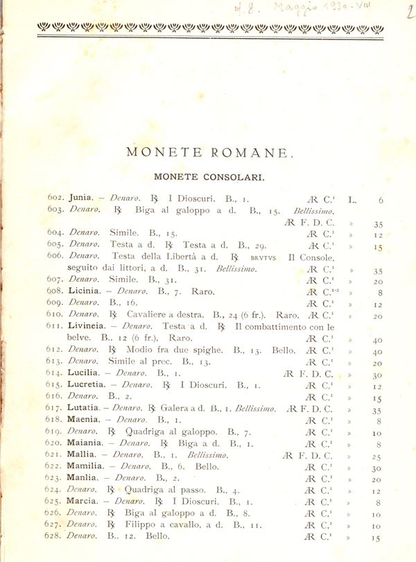 SANTAMARIA P & P. Listino a prezzi fissi N. 8 - Maggio, 1930. Monete romane e zecche italiane.  Pp 25 - 50,  nn. 602 - 1226, illustrazioni nel testo. brossura muta, interno buono stato, molto raro. Rossi, 3046
