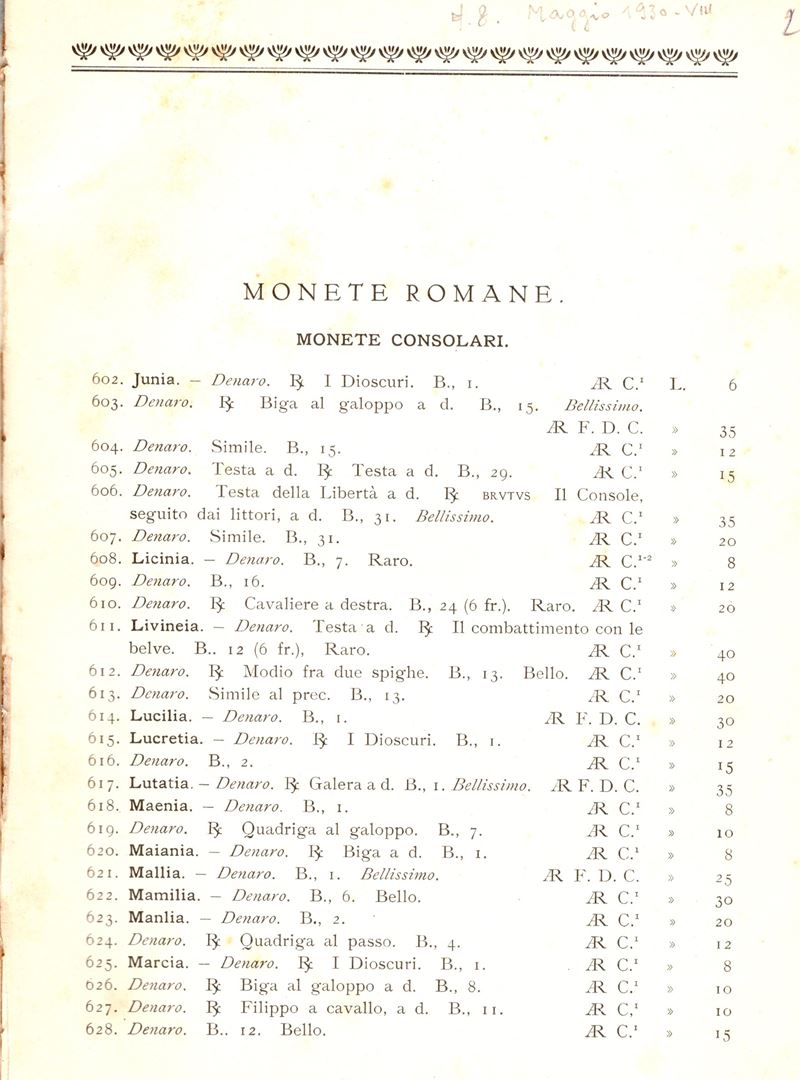 Santamaria P & P. Listino a Prezzi Fissi N. 8 - Maggio, 1930. Monete Romane e Zecche Italiane. Pp...
