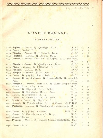 Santamaria P&p. Listino N 9 - Luglio, 1930. Monete Romane e Zecche Italiane. Pp 53 - 76, Nn 1227 ...