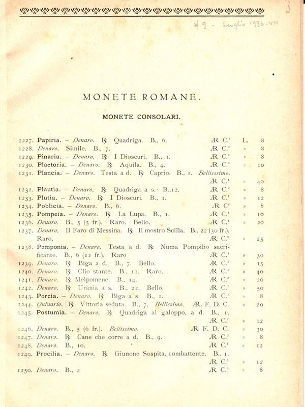 SANTAMARIA P&P. listino n 9 - Luglio, 1930. monete romane e zecche italiane. pp 53 - 76, nn 1227 - 1877. brossura sciupata, raro. Rossi, 3046