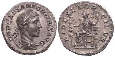 Elagabalus (218–222), Denario romano, diritto e rovescio con Fides Execrcitus