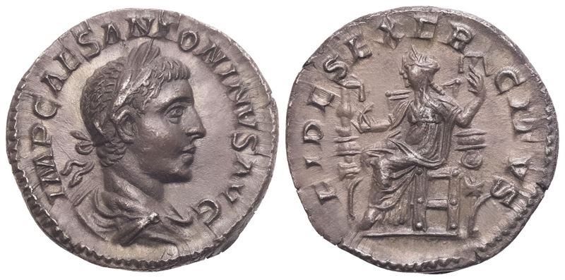 Elagabalus (218–222), Denario romano, diritto e rovescio con Fides Execrcitus