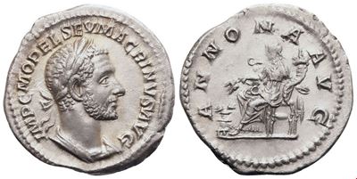 Macrino (217–218), Denario romano con busto laureato e iscrizione IMP C M OPEL SEV MACRINVS AVG