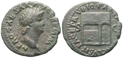 IMP NERO CAESAR AVG GERM, As di Nerone (Roma), bronzo con testa laureata a destra e Tempio di Gia...