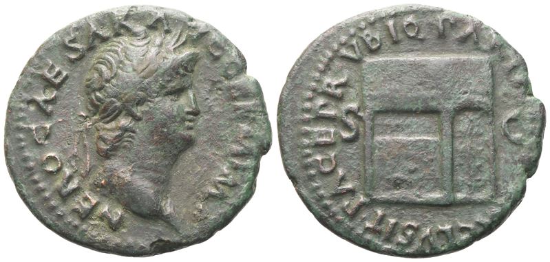 IMP NERO CAESAR AVG GERM, As di Nerone (Roma), bronzo con testa laureata a destra e Tempio di Gia...