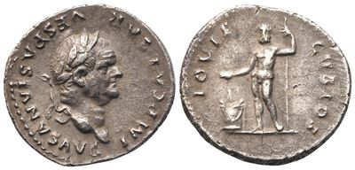 Vespasiano (69–79), Denario romano con testa laureata e Giove in piedi, 76 d.C.