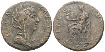 Moneta antica, Faustina I, Sestertius coniato post 141 d.C. (Roma) con busto velato