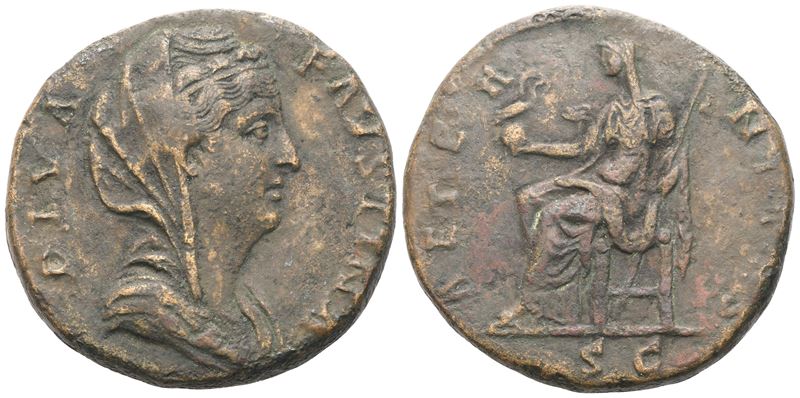 Moneta antica, Faustina I, Sestertius coniato post 141 d.C. (Roma) con busto velato