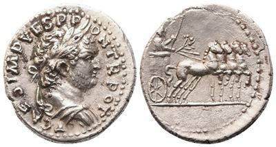 Titus Caesar (69–79), Denario (AR) con ritratto laureato e busto, Antiochia, 72–73 d.C., “Judaea ...