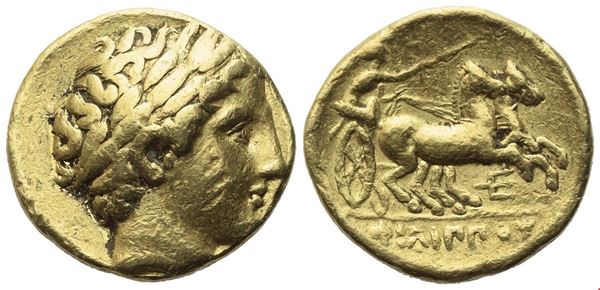 Kings of Macedon, Philip II (359-336 BC), Stater, Pella, c- 340-328; AV (8,62 g; 18,3 mm; 12 h) 