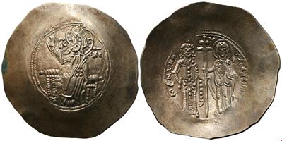 Manuel I Comneno (1143-1180), Aspron trachy, Thessalonica (?), retto e rovescio con busti di Cris...