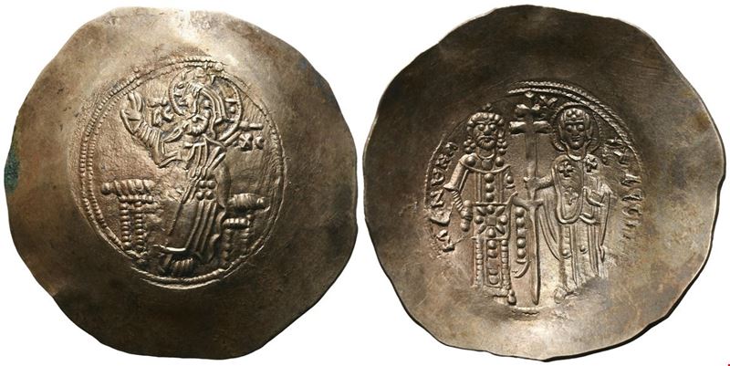 Manuel I Comneno (1143-1180), Aspron trachy, Thessalonica (?), retto e rovescio con busti di Cris...