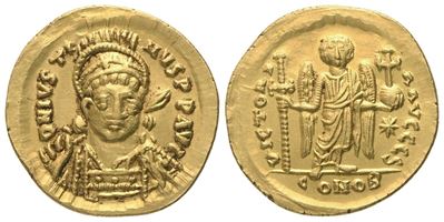 Giustiniano I (518-527), Solidus in oro, Constantinopolis, c. 522-527