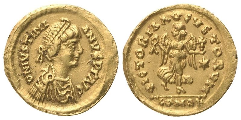 Justinian I (527–565), Tremisse in oro, Roma o Ravenna, c. 530–539