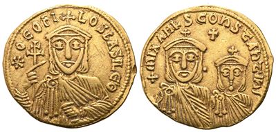 Theophilus (829–842), Solidus con Costantino e Michele II, zecca di Costantinopoli
