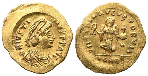 Justin I (518-527), Tremissis, Constantinople; AV (1,49 g; 14,6 mm; 6 h)