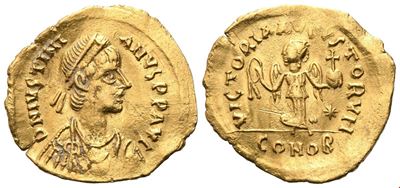 Giustiniano I (527-565), Tremissis di Costantinopoli (oro)