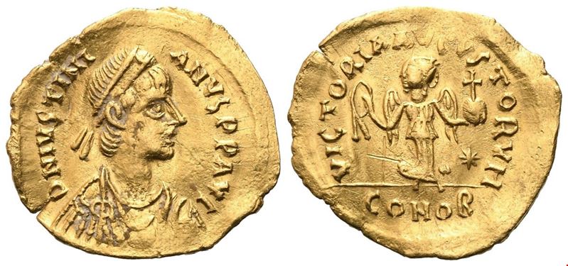 Giustiniano I (527-565), Tremissis di Costantinopoli (oro)