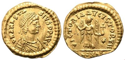 Anastasio I (491-518), Tremissis in oro (AV) con busto e Vittoria, Costantinopoli