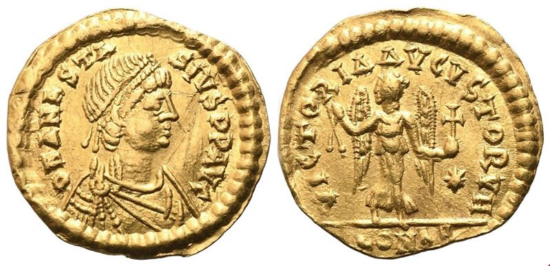 Anastasio I (491-518), Tremissis in oro (AV) con busto e Vittoria, Costantinopoli