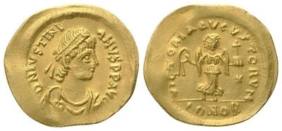 Giustiniano I (527-565), Tremisse di Costantinopoli, AV