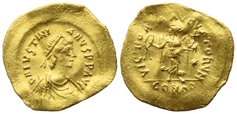 Justinian i (527-565), Tremissis, Constantinople Mint; Av (1,38 G; 16,3 MM; 6 H)
