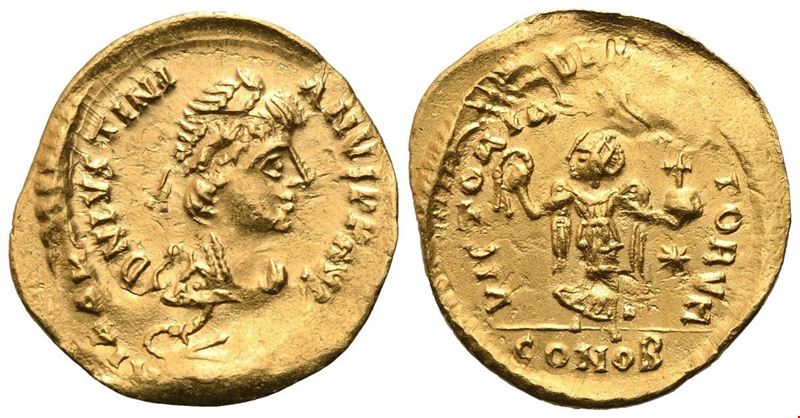 Giustiniano I (527-565), Tremissis di Costantinopoli, AV