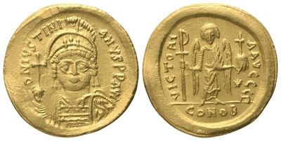 Justinian I (527-565), Solidus in oro, Costantinopoli