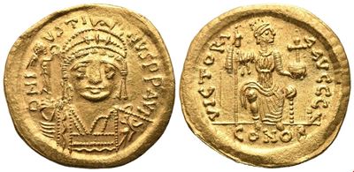 Giustiniano II (565–578), Solidus con busto diademato e Vittoria, Costantinopoli