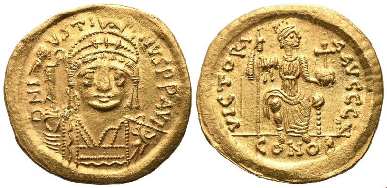 Giustiniano II (565–578), Solidus con busto diademato e Vittoria, Costantinopoli