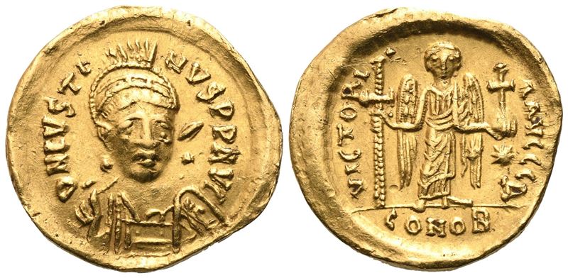 Giustiniano I (518-527), Solidus in oro, Constantinopoli, 522-527