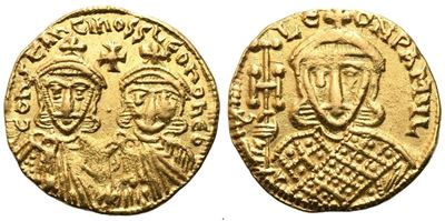 Costantino V (7401-775) con Leone IV e Leone III, solidus in oro, Costantinopoli