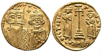 Constans II (641–668), Solidus con Costantino IV, Eraclio e Tiberio, zecca di Costantinopoli