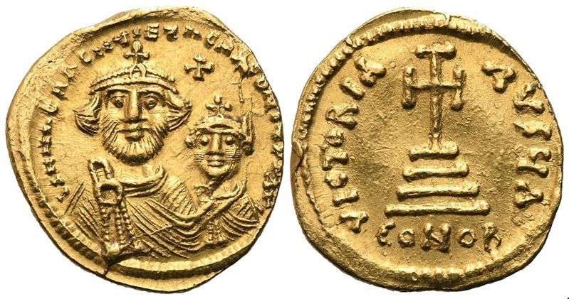 Heraclius e Heraclius Constantine, Solidus con busti affrontati e Vittoria, oro, Constantinople