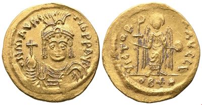 Maurice Tiberius (582–602), Solidus (tremissis) in oro, busto imperiale e Vittoria in piedi