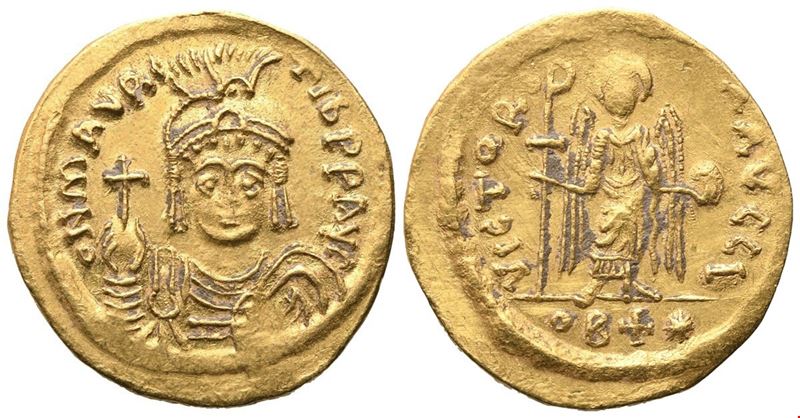 Maurice Tiberius (582–602), Solidus (tremissis) in oro, busto imperiale e Vittoria in piedi