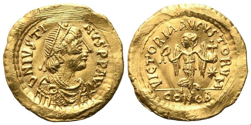 Giustiniano I, Tremisse (tremissis) con busto frontale e Vittoria (Costantinopoli)