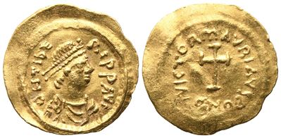 Maurice Tiberius, Tremissis di Costantinopoli, AV (1,49 g; 16,4 mm; 6 h)