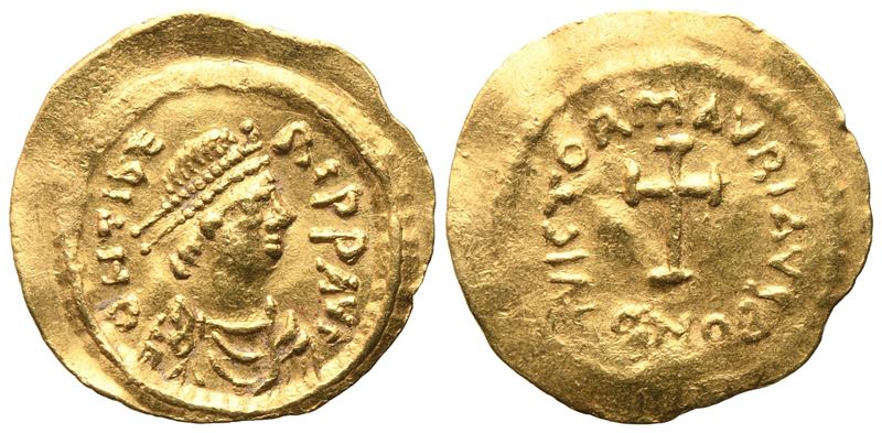 Maurice Tiberius, Tremissis di Costantinopoli, AV (1,49 g; 16,4 mm; 6 h)