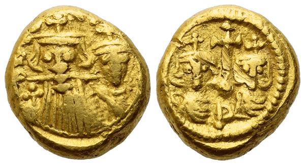 Constans II (641-668) with Constantine IV, Heraclius, and Tiberius, Solidus, Carthage; AV (4,35 g; 11,7 mm; 6 h)
