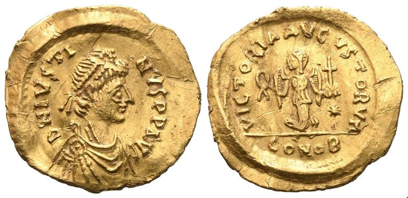 Justinus I, Tremissis con busto e Vittoria, Constantinople