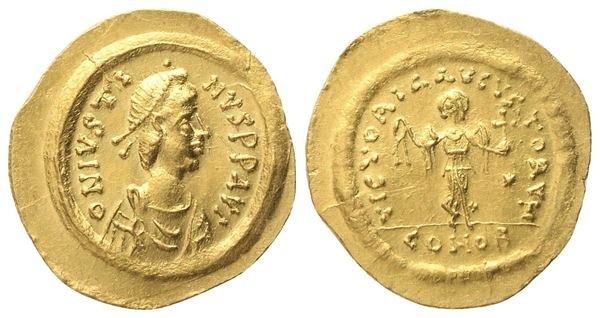 Justin I (518-527), Tremissis, Constantinopolis; AV (1,42 g; 16,6 mm; 6 h)