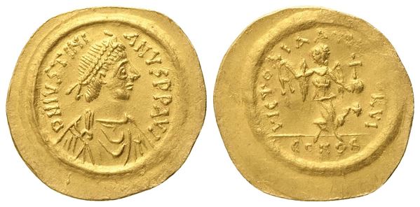 Justinian I (527-565), Tremissis, Constantinopolis; AV (1,40 g; 16 mm; 6 h)