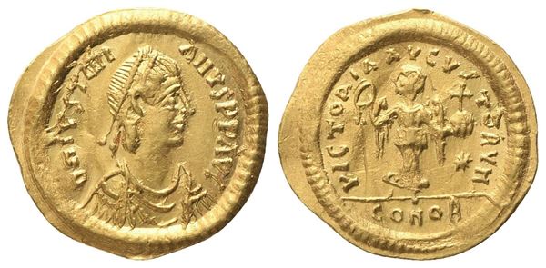 Justinian I (527-565), Tremissis, Constantinopolis; AV (1,49 g; 15,5 mm; 6 h)