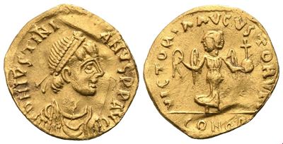 Giustiniano I (527–565), Mezza tremissis, Costantinopoli, AV (oro)