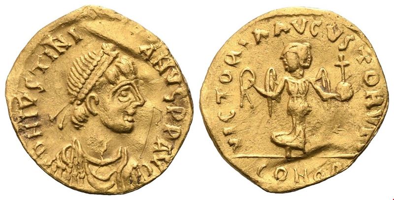 Giustiniano I (527–565), Mezza tremissis, Costantinopoli, AV (oro)