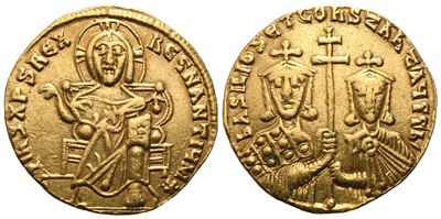 Basil I e Costantino, Solidus con Cristo in trono e busti dei regnanti, AV